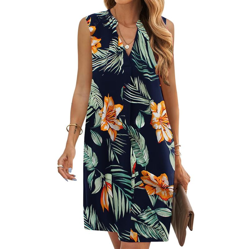 Vestido Qacohu Sin Mangas Floral Azul Marino image number null