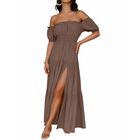 Vestido Zesica Boho Maxi Sin Hombros Color Caf&eacute; Talla M