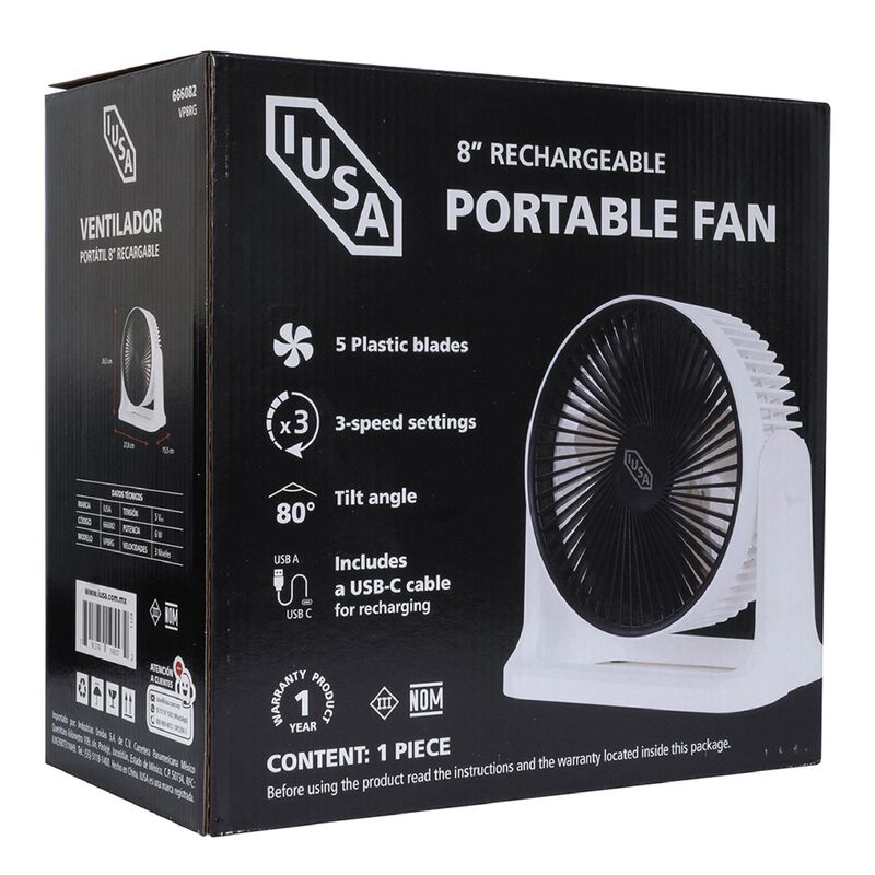 Ventilador Personal Recargable, 8", Blanco, Ius... image number null