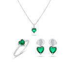 Juego De Anillo Aretes Y Dije De Corazon Con Cadena Plata Blanca 925 Con Zirconias Blancas Y Verdes