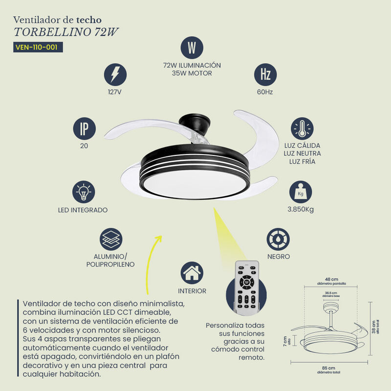 Ventilador de Techo LED Torbellino 72W Negro Ma... image number null