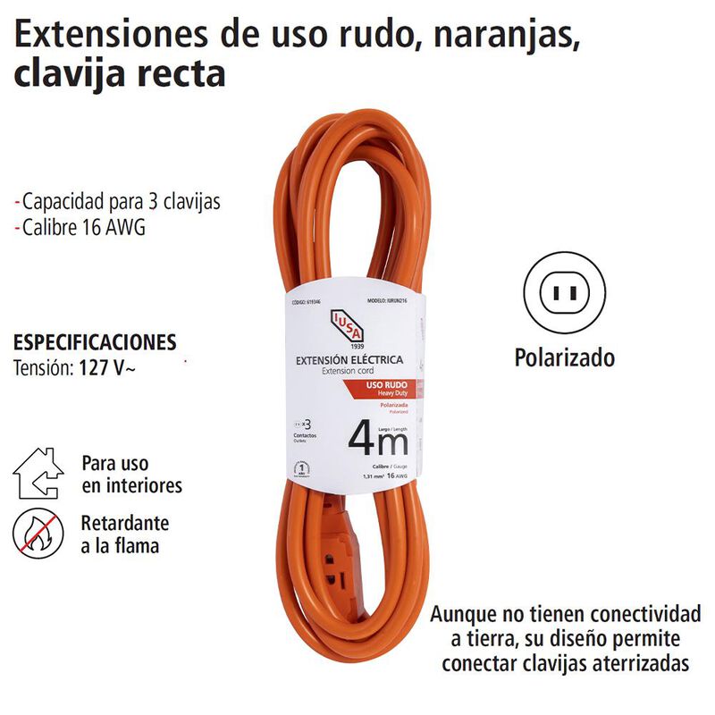 Extensi&oacute;n de Uso Rudo Naranja Clavija Recta 4m ... image number null