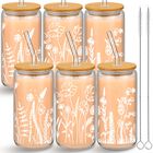 Juego De 6 Vasos De Vidrio Bokon 500 ml Con Tapa Floral Y Pajilla