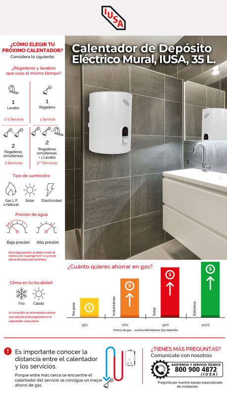 Calentador el&eacute;ctrico de dep&oacute;sito mural, 35 L, I... image number null