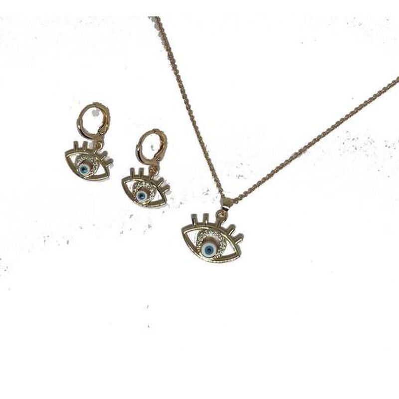 Juego de cadena y aretes de ojito color blanco ... image number null