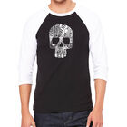 Camiseta Ragl&aacute;n de B&eacute;isbol Word Art Para Hombre - Calavera Rock & Roll - Negro Blanco