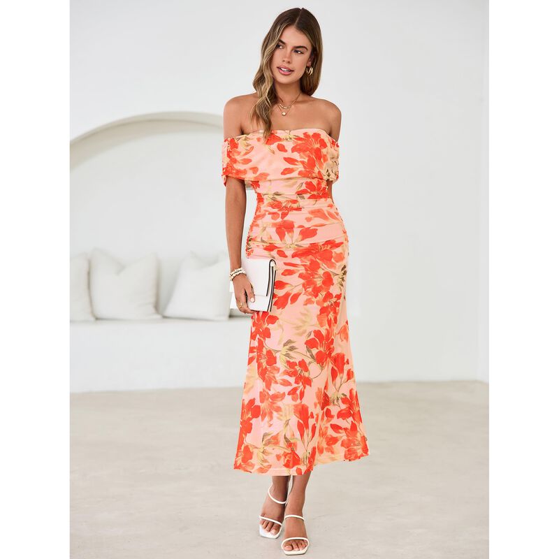 Vestido Simplee Floral Sin Hombros Naranja Tall... image number null