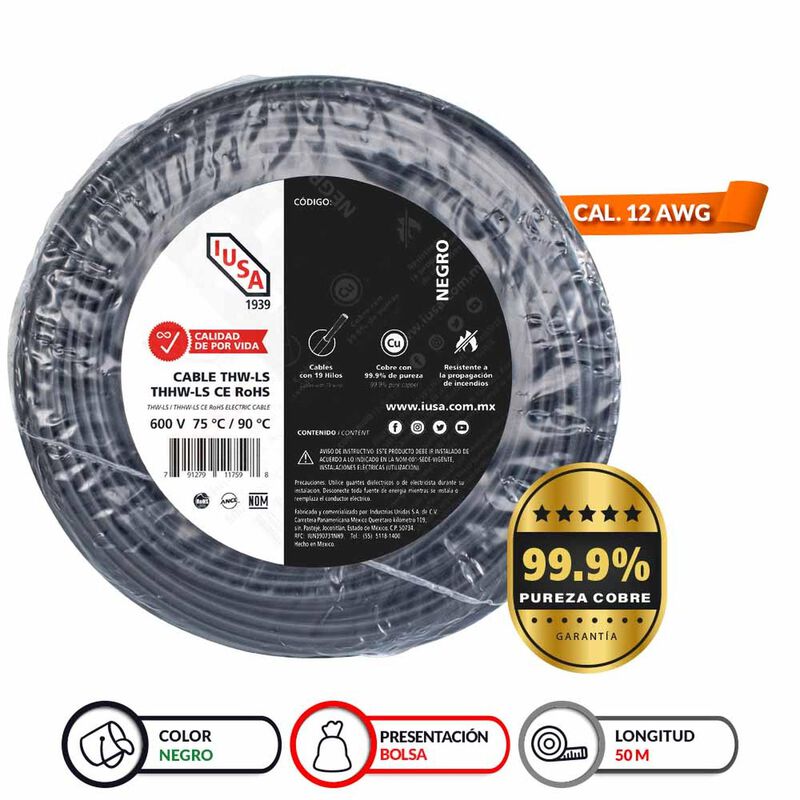 Cable Thhw-ls Rohs Calibre 12 Awg Negro 50m image number null