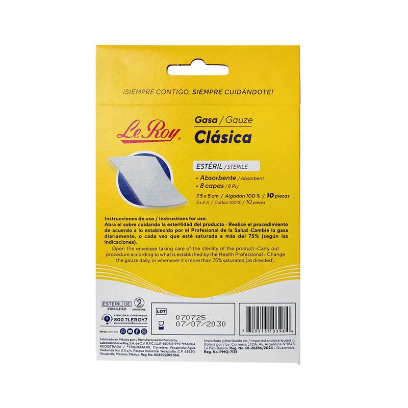 Gasa Cl&aacute;sica 7.5cm X 5cm Le Roy Caja Con 10 Pzs image number null