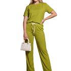 Conjunto Casual Unitalla Conj-0182 Verde Blusa Manga Corta Y Pants Recto Tela Stretch Rayada S&uacute;per C&oacute;moda Para Mujer