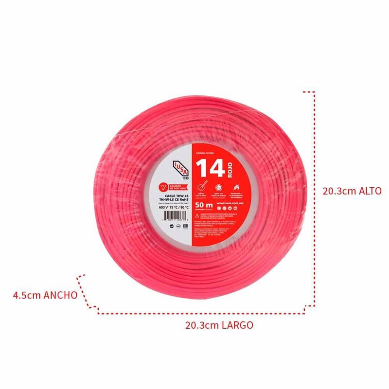 Cable Thhw-ls Rohs Calibre 14 Awg Rojo 50m image number null