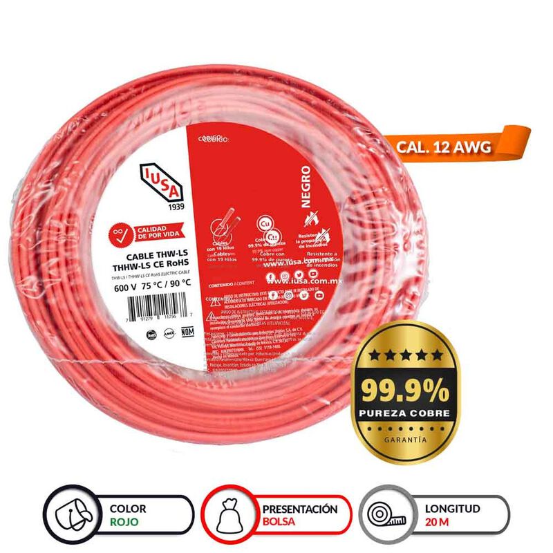 Cable Thhw-ls Rohs Calibre 12 Awg Rojo 20m image number null