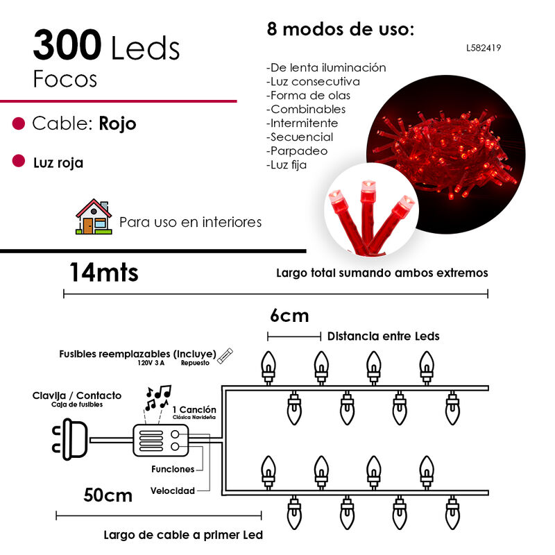 Luces LED Roja 300 Led, Cable Rojo Funciones 14... image number null