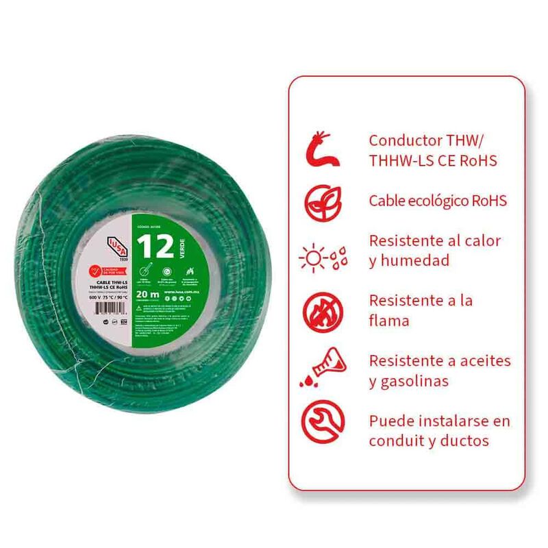 Cable Thhw-ls Rohs Calibre 12 Awg Verde 20m image number null
