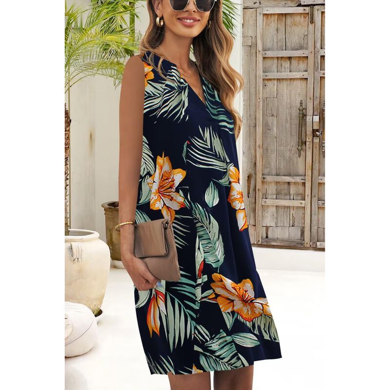 Vestido Qacohu Sin Mangas Floral Azul Marino image number null