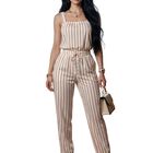 Conjunto 2 Piezas Rayado Top De Tirantes Y Pantal&oacute;n Recto Conj-0191 Blanco Caf&eacute; Set Fresco Casual Para Mujer