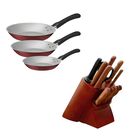 Combo Tramontina Jgo De Sartenes 20/24/28cm Caribe Rojo + Jgo De Cuchillos Dynamic 14 Piezas Acero Inox End