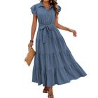 Vestido Dowerme Maxi con Volantes, Gris/Azul, Talla M, con Cintur&oacute;n y Botones