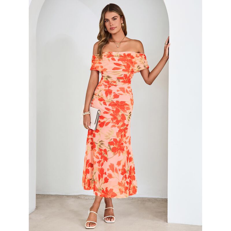 Vestido Simplee Floral Sin Hombros Naranja Tall... image number null