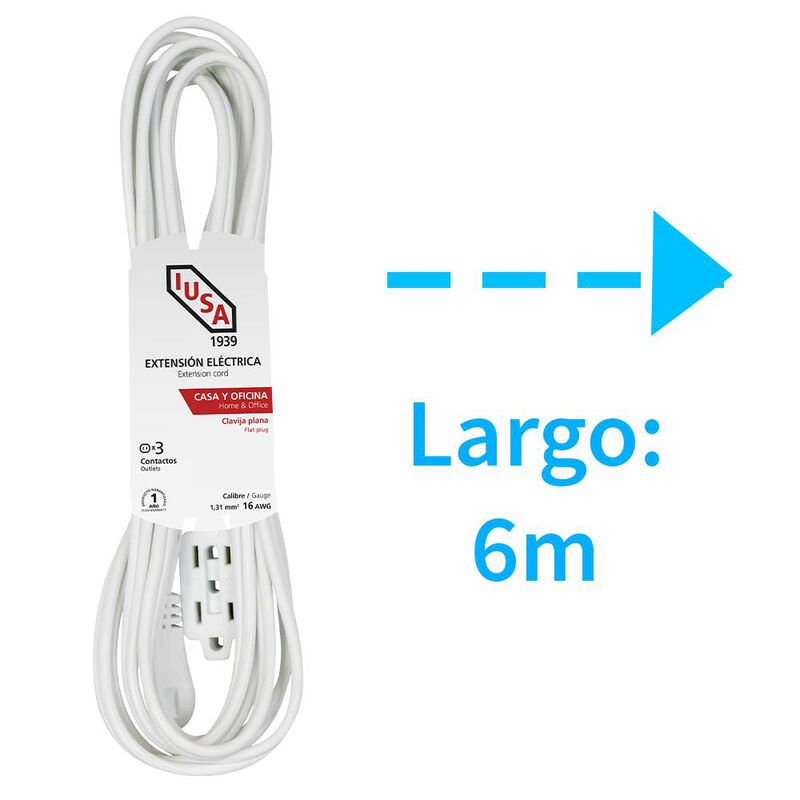Extensión Doméstica, Blanca, Clavija Plana, 6m,... image number null