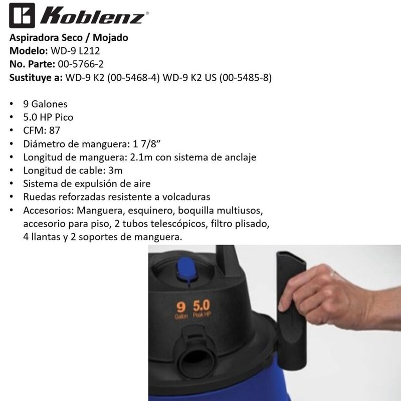 Aspiradora Koblenz Wd-9 Seco Mojado 5.0 Hp 9 Ga... image number null