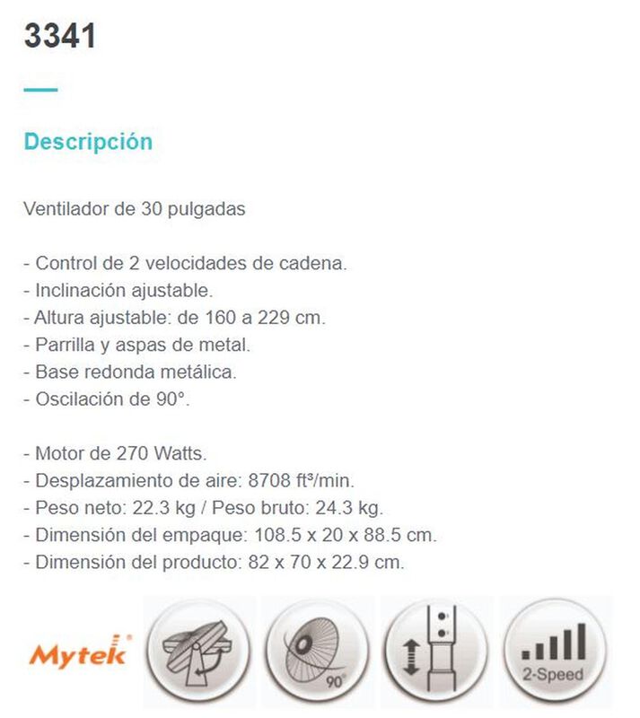 Ventilador Industrial Mytek 3341 30 Pugadas Pot... image number null
