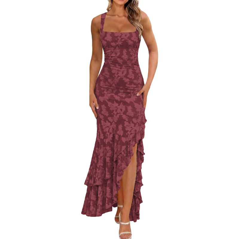 Vestido Largo Elegante Con Fruncido Y Flores Pa... image number null