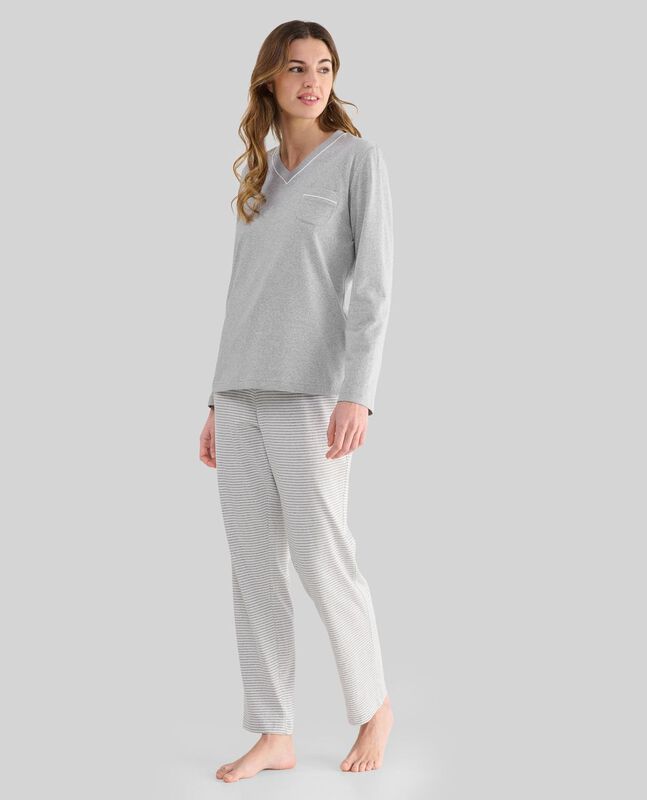 Pijama Melange Gris con Rayas y Escote en Pico ... image number null