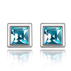 Aretes en Baño de Oro Blanco de 18K de Cuadro con Cristal en Color Azul Corte Princesa