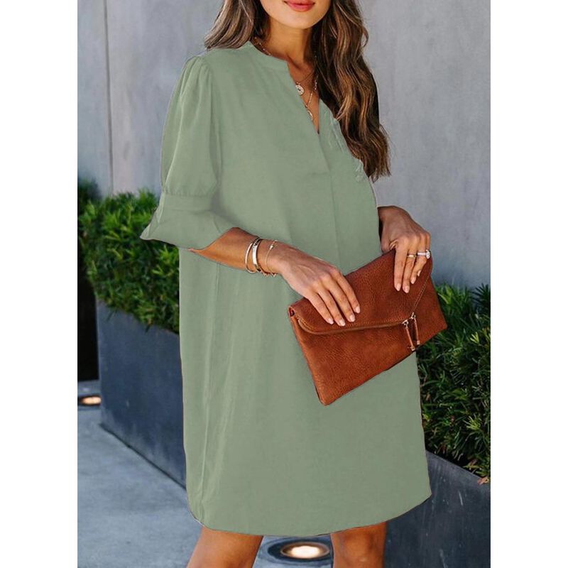Vestido Wkior Mujer Cuello V Manga Corta Verde ... image number null