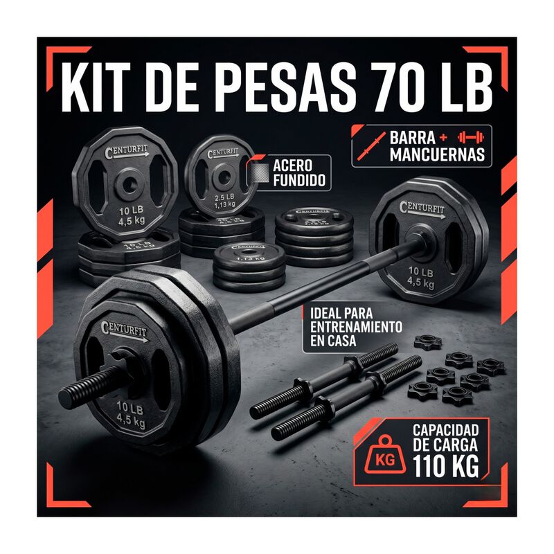 Kit de Pesas 70lbs Discos Barra Recta Par de Ma... image number null