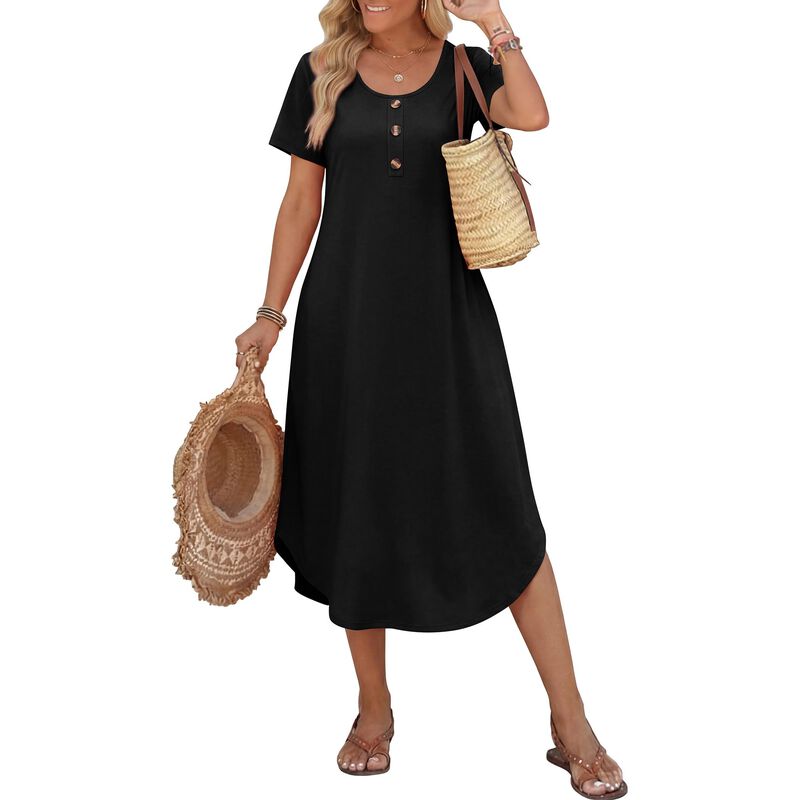 Vestido Midi Negro OFEEFAN Talla L con Bolsillo... image number null
