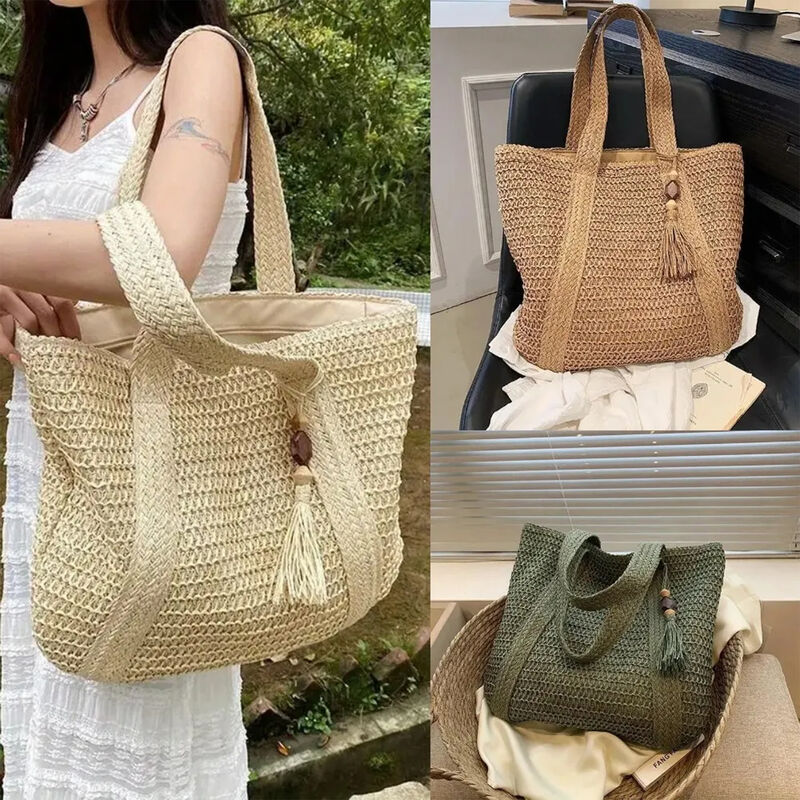 Bolso Tote Bohemio Paja Caqui Playa Gran Capaci... image number null