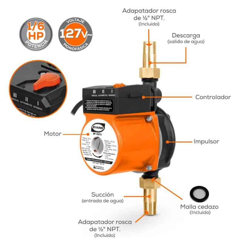 Bomba Presurizadora Evans 10m Y 35l/min 120w 1/... image number null