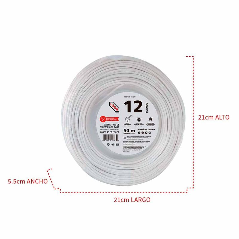 Cable Thhw-ls Rohs Calibre 12 Awg Blanco 50m image number null