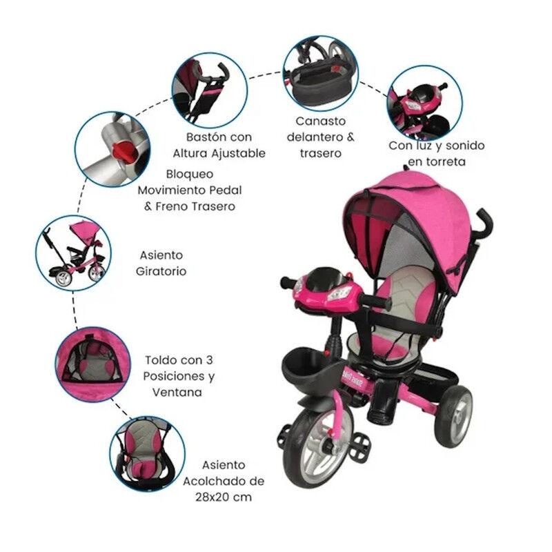 Triciclo Para Ni&ntilde;os Rosa 7en1 Con Asiento Girat... image number null