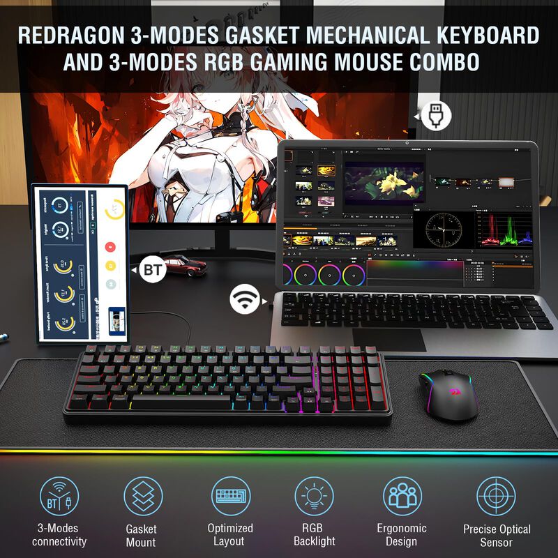 Teclado y Rat&oacute;n Inal&aacute;mbrico Redragon K744 + M69... image number null