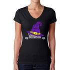 Camiseta De Cuello En V Word Art Para Mujer - Gato de Bruja Asom&aacute;ndose- Negro