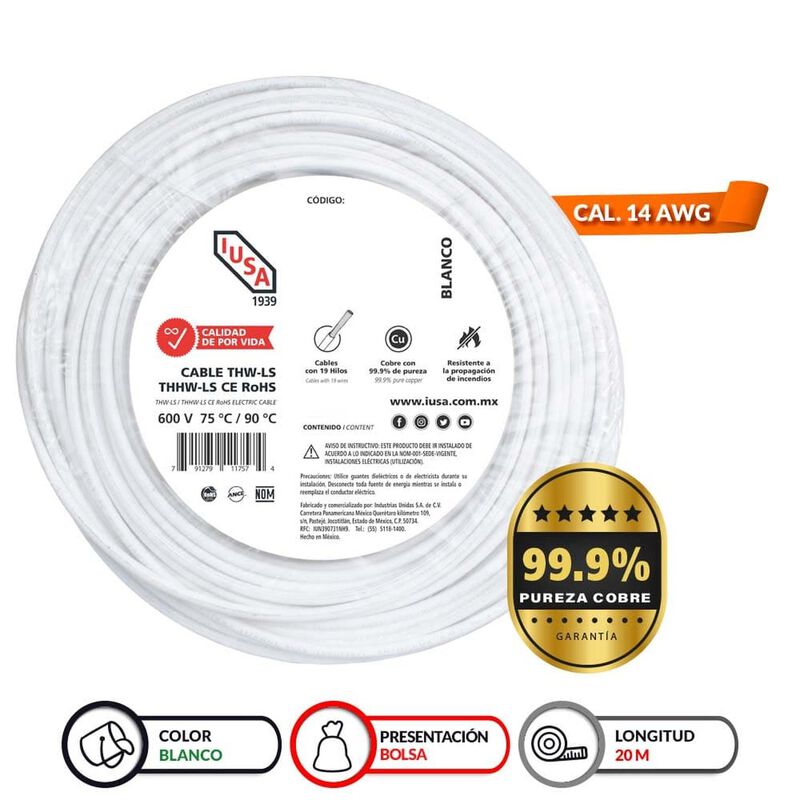 Cable Thhw-ls Rohs Calibre 14 Awg Blanco 20m image number null