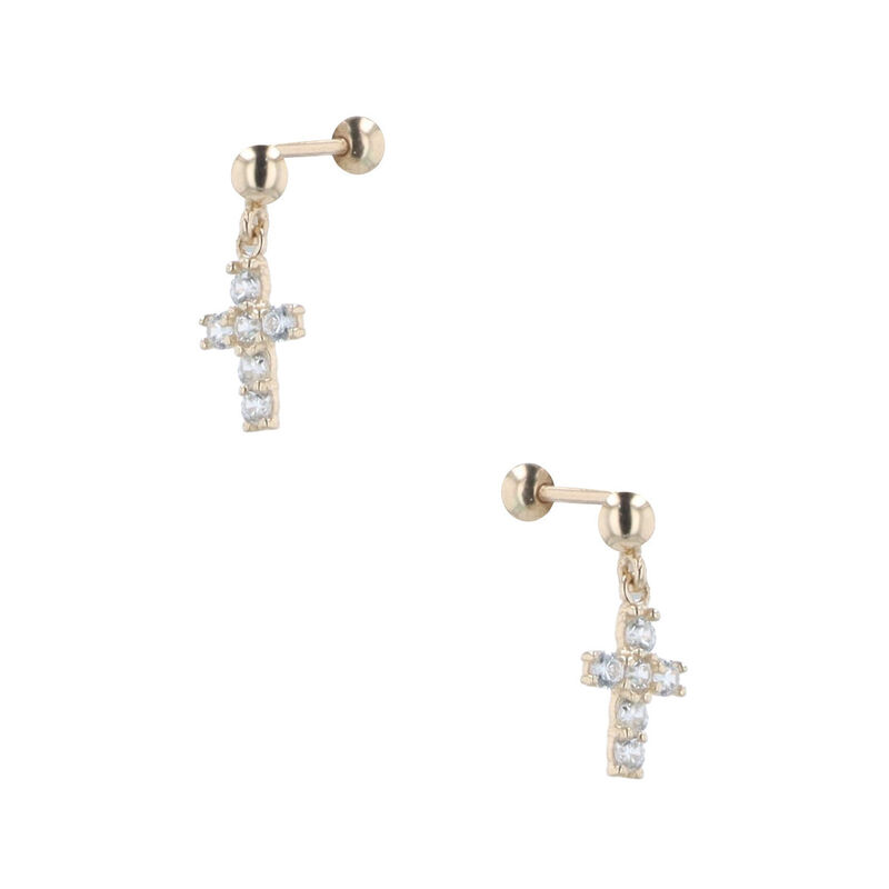Aretes De Cruz De Oro Amarillo 14k Con Zirconia image number null