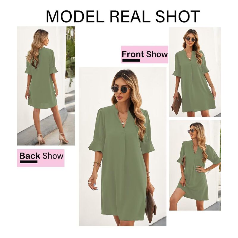 Vestido Wkior Mujer Cuello V Manga Corta Verde ... image number null