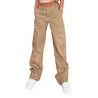 Pantalones Cargo Lepunuo Mujer Caqui, Pierna Ancha con 6 Bolsillos