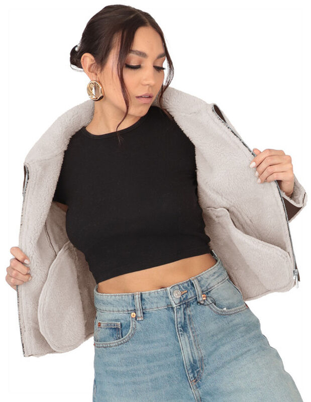 Chamarra Mujer Vinipiel Cuello Aborregado Café ... image number null