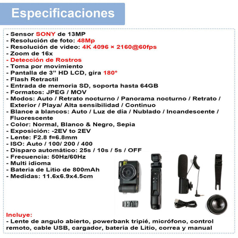 Cámara Digital Vak P01 Lcd 3' 48mp 4k Tripie Co... image number null
