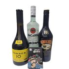 1 Botella Brandy Torres 10 años 700 ml + 1 Botella Licor Bailey´s Original 700 ml + 1 Botella Ron Bacardí Carta Blanca 750 ml + Baraja