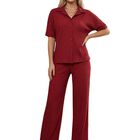 Conjunto de 2 Piezas para Mujer CONJ-0123 Vino Set Blusa Tipo Camisera y Pantal&oacute;n Wide Leg