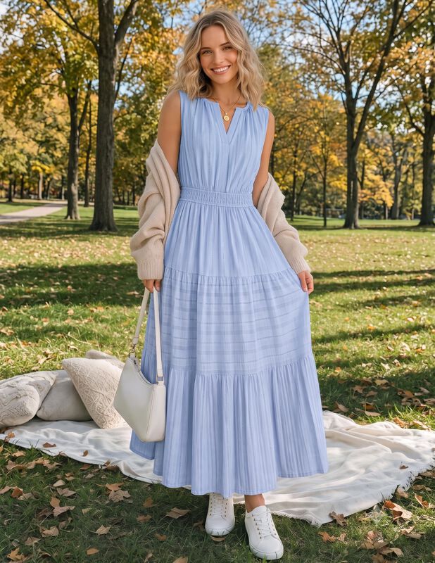 Vestido Merokeety Sin Mangas Escote V Midi Azul... image number null