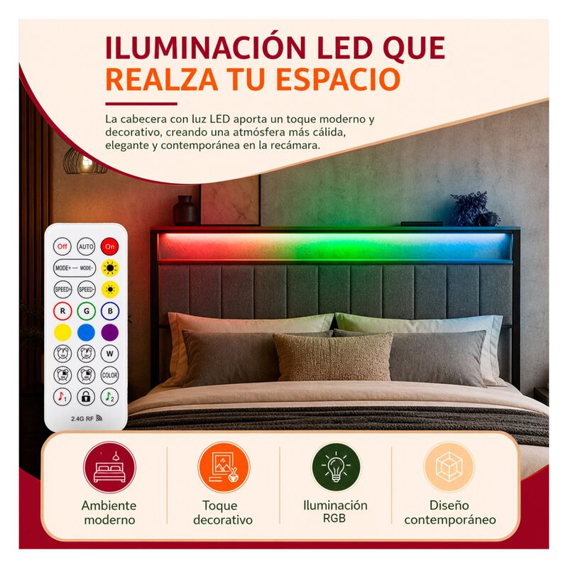 Base Matrimonial Cabecera Repisas Luz Led Usb C... image number null