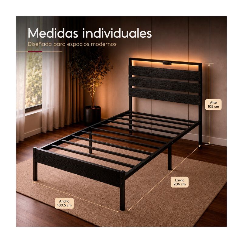 Base Cama Individual Moderna Luz Led Usb C Refo... image number null