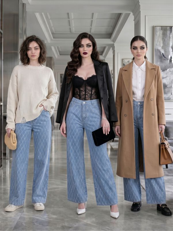 Jeans Wide Leg Mujer Con Brillos Mezc-1008 Azul... image number null
